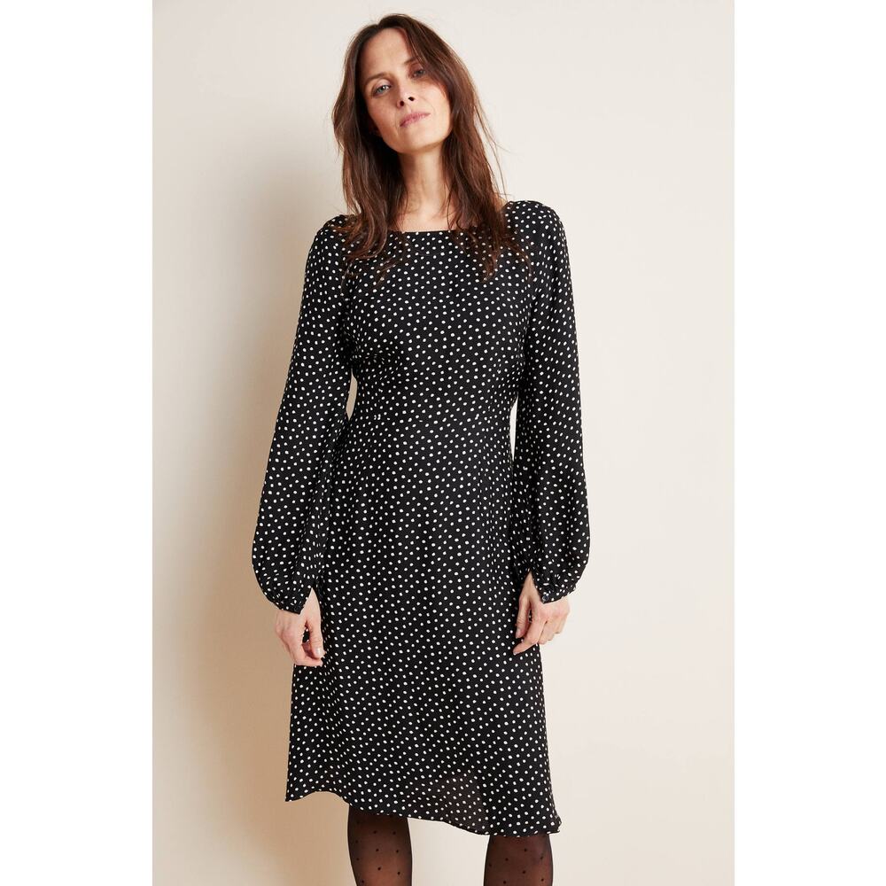 New Anthropologie Agatha Polka Dot Midi Dress $160 SIZE 2 B&W Long Sleeve